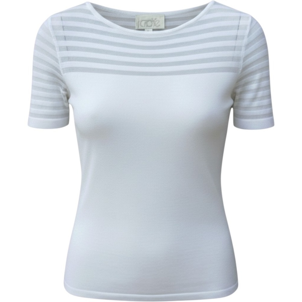 Cache White Short Sleeve Knit Top Sheer Striped Mesh Detail Made in Italy Medium
